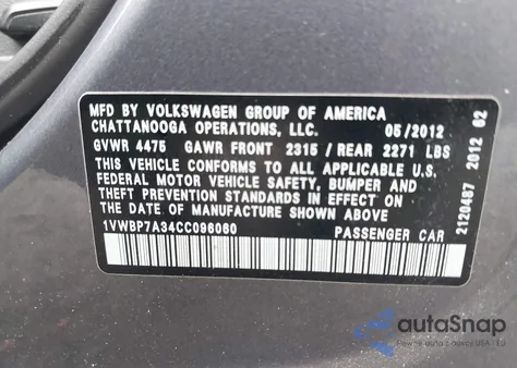 2012 Volkswagen Passat 2.5L Se from USA, damaged, VIN 1VWBP7A34CC096060